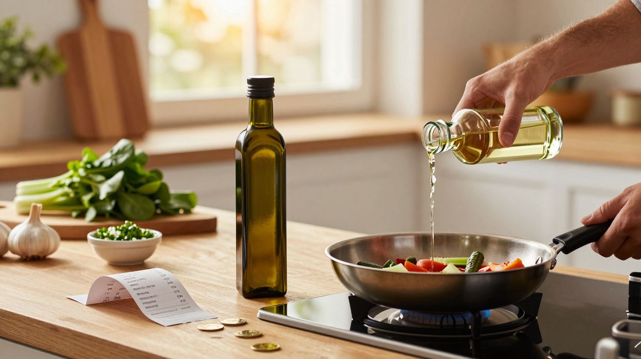 Hand gießt Öl in Pfanne mit Gemüse, daneben Flasche, Knoblauch und Einkaufszettel auf Holzarbeitsfläche in einer Küche.