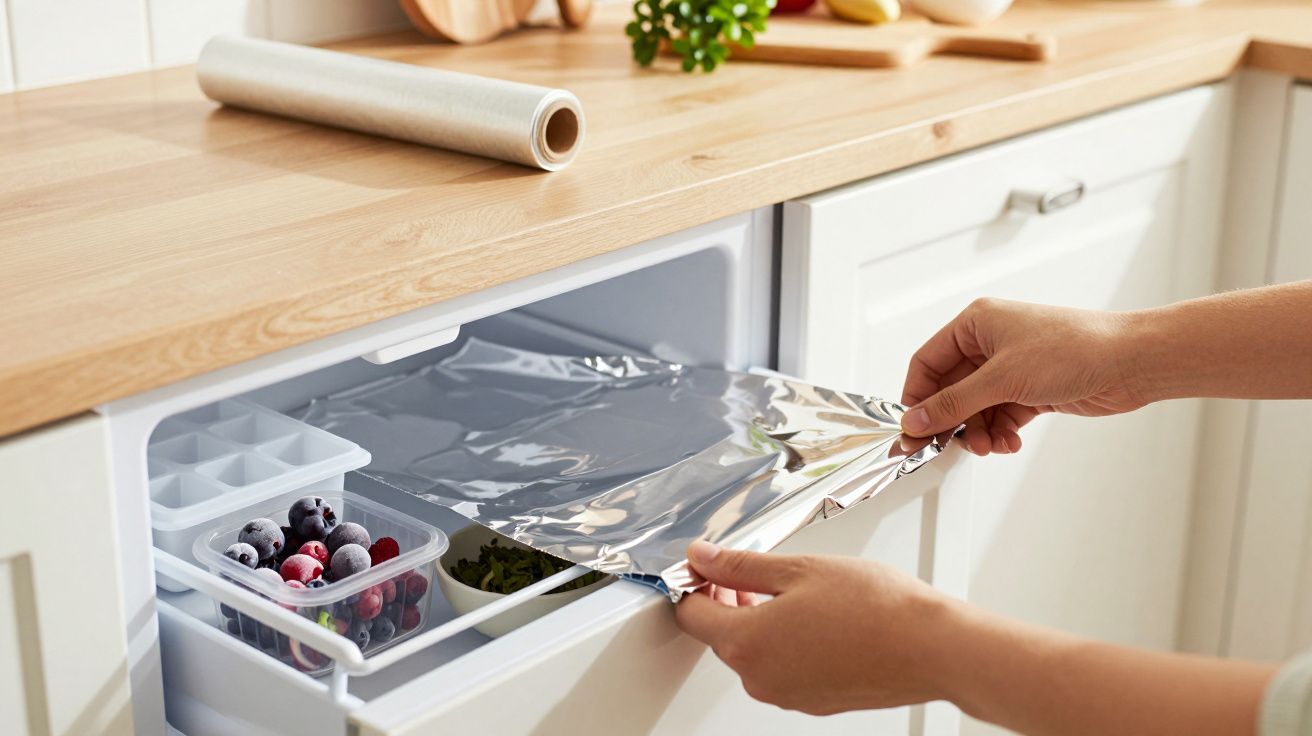 Hände decken Gefrierschublade mit Aluminiumfolie ab, gefüllt mit Beeren und Eiswürfelform, auf Holzarbeitsplatte.