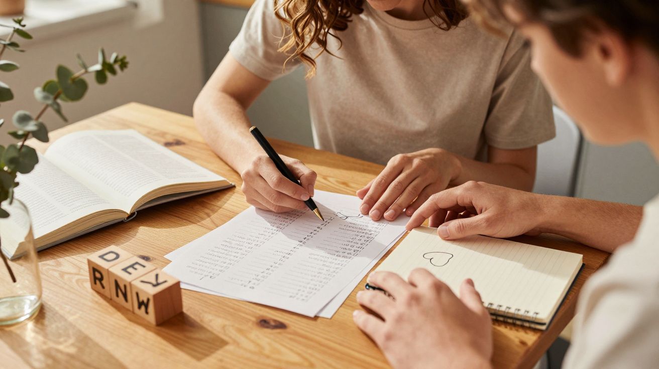 Zwei Personen sitzen an einem Tisch mit Blöcken, einem Buch und Papieren, eine zeichnet ein Herz auf ein Blatt.