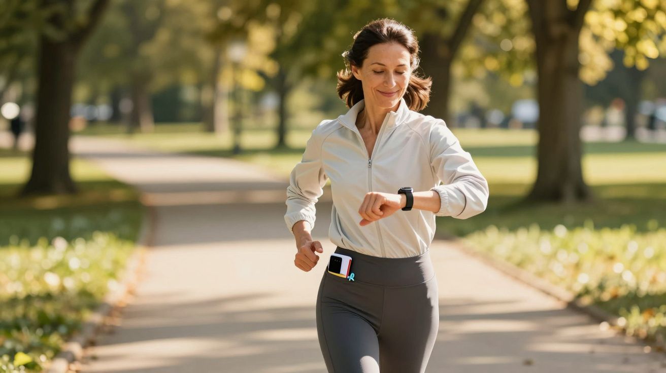 Frau joggt im Park und schaut auf ihre Smartwatch, umgeben von grünen Bäumen und einem sonnigen, klaren Himmel.