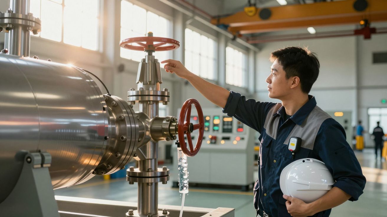 Ingenieur in Fabrik hält weißen Helm und kontrolliert Ventil an großer Maschine.