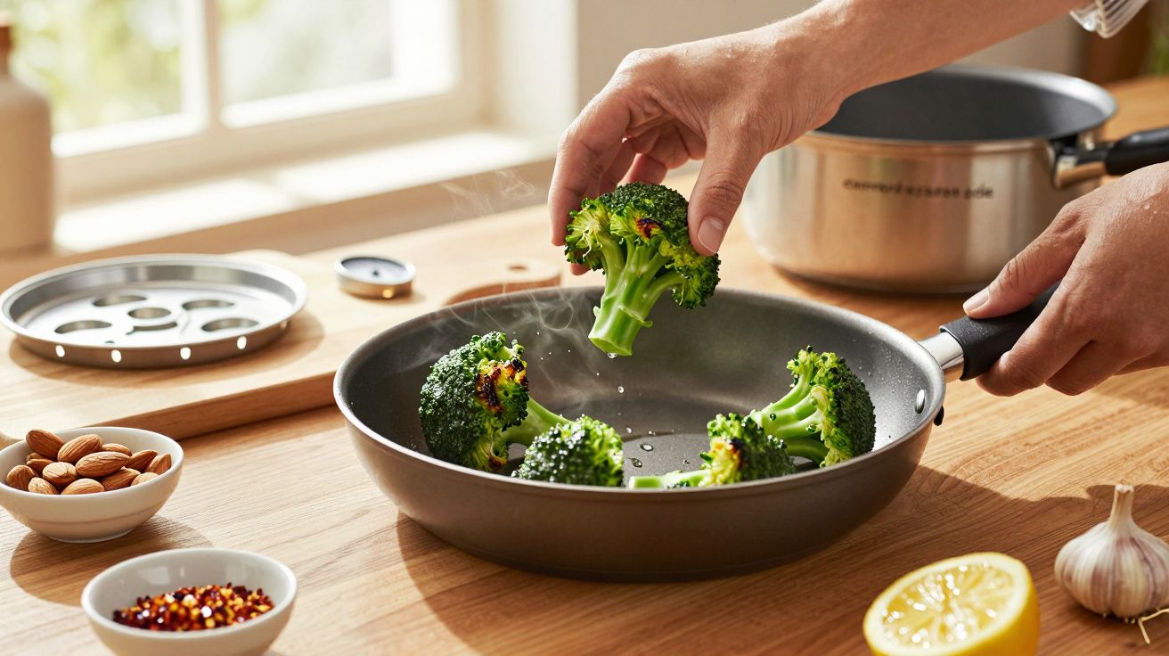 Hand legt Brokkoliröschen in eine heiße Pfanne, Küchenutensilien und Zutaten im Hintergrund.