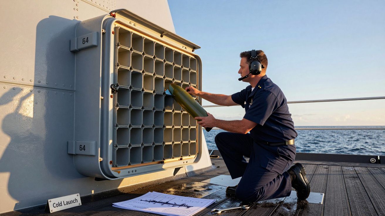 Matrose auf Schiff lädt Raketen in Abschussvorrichtung, Meer im Hintergrund, Sonnenschein, technisches Diagramm auf Deck.