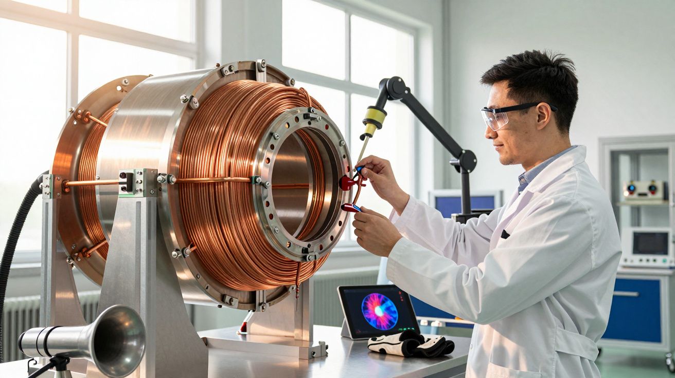 Ein Wissenschaftler im Labor untersucht eine große, kupferfarbene Spule mit Werkzeugen.