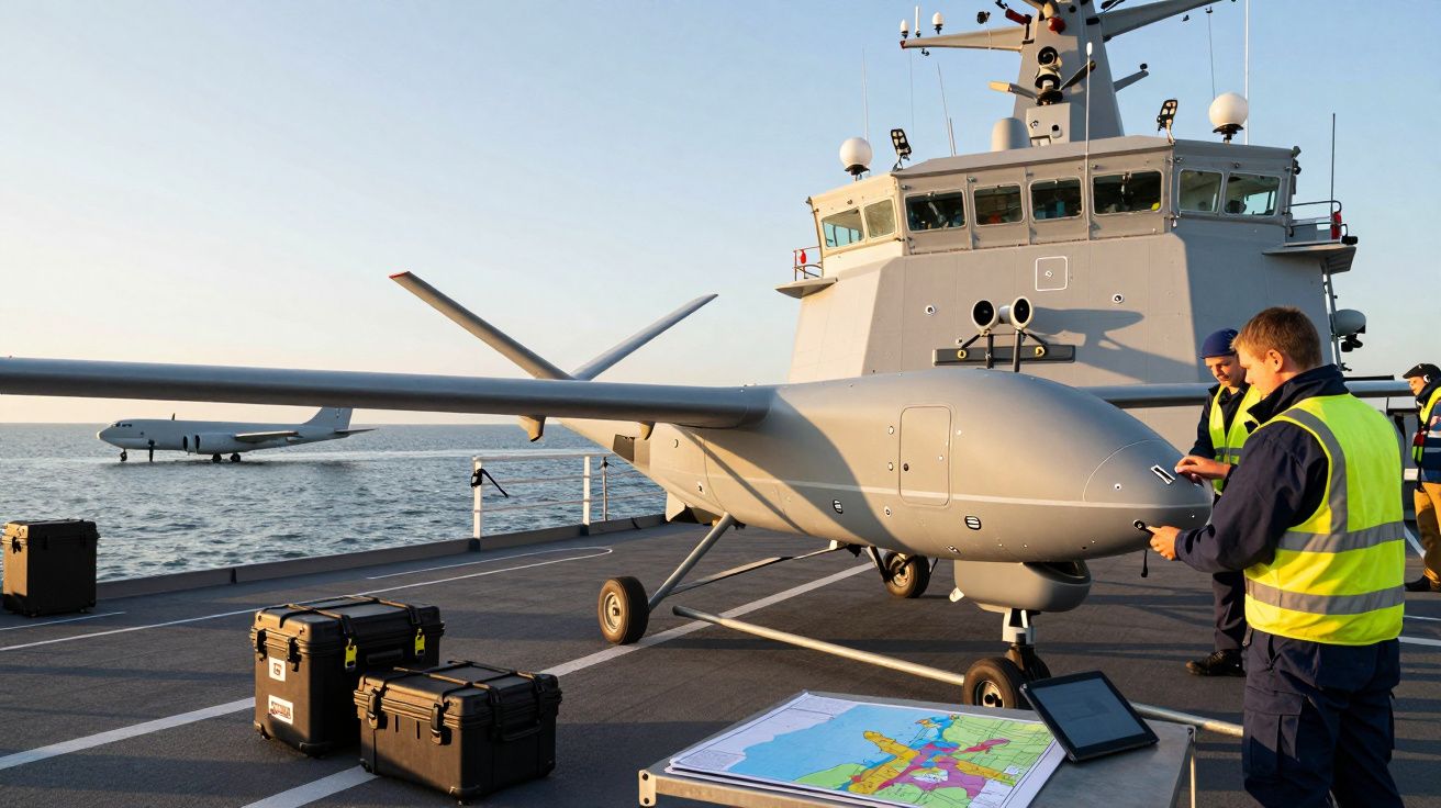 Mitarbeiter mit Drohne auf einem Schiff, bei Sonnenuntergang, mit Karten und Ausrüstung im Vordergrund.