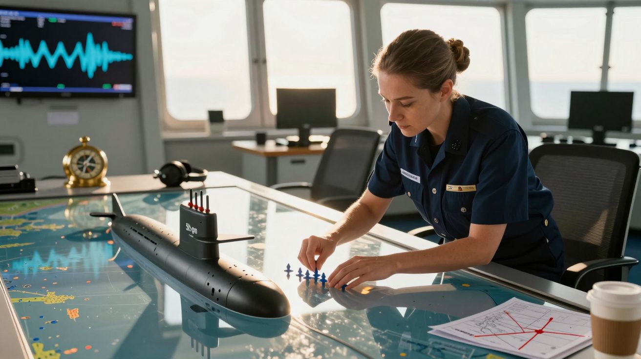 Eine Frau in Uniform arbeitet in einem Schiffskontrollraum, überprüft Karten auf einem Tisch mit einem U-Boot-Modell.