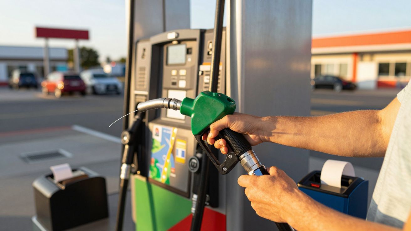Person hält grünen Zapfhahn an einer Tankstelle, Hintergrund mit Autos und Gebäuden.