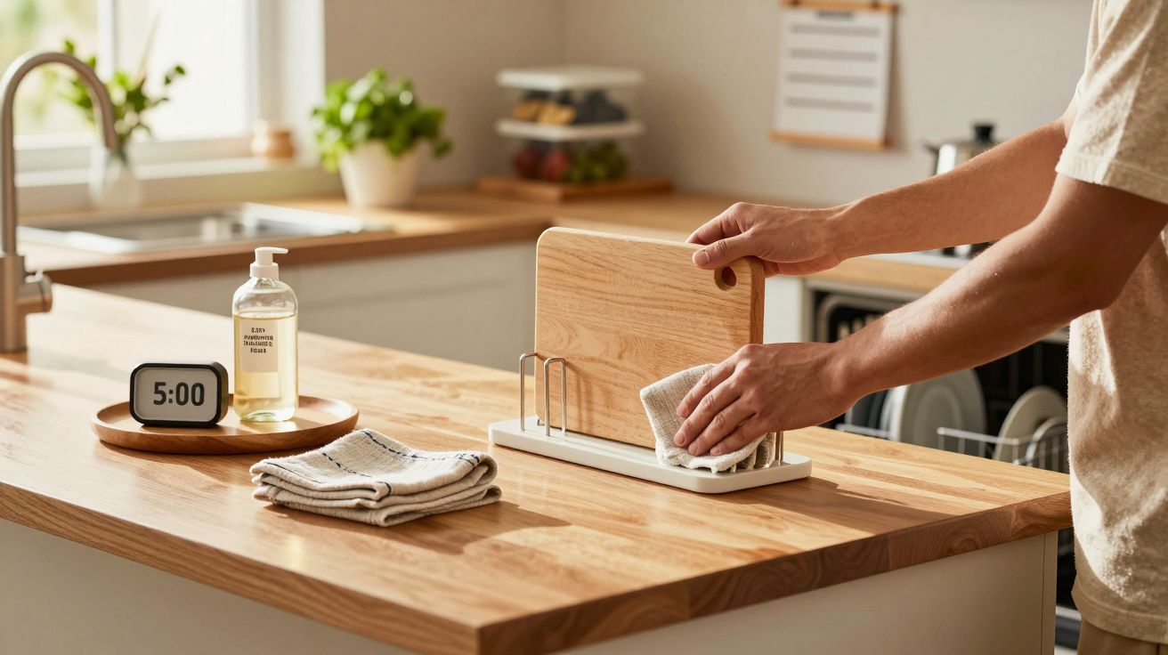 Person räumt Holzbrett und Tuch in einen Halter auf einer Küchenarbeitsplatte ein, mit Spülmittel und Uhr daneben.
