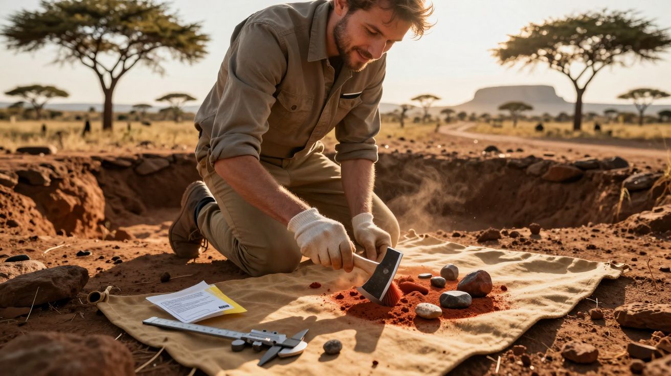 Archäologe untersucht Steine und Erde auf einer Decke in einer Wüstenlandschaft mit Bäumen und Hügel im Hintergrund.