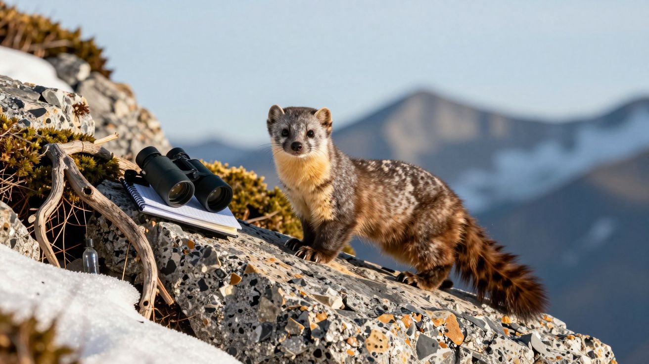 Ein Marder steht auf einem Felsen neben einem Fernglas und einem Notizbuch, vor einer Berglandschaft im Hintergrund.