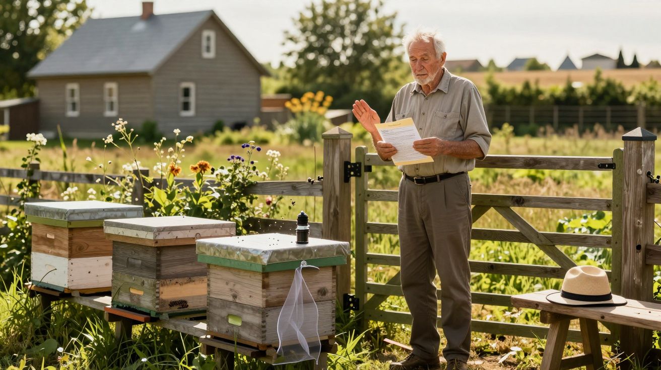Ein älterer Mann steht vor Bienenstöcken in einem Garten, hält Papiere in der Hand, ein Bauernhaus im Hintergrund.