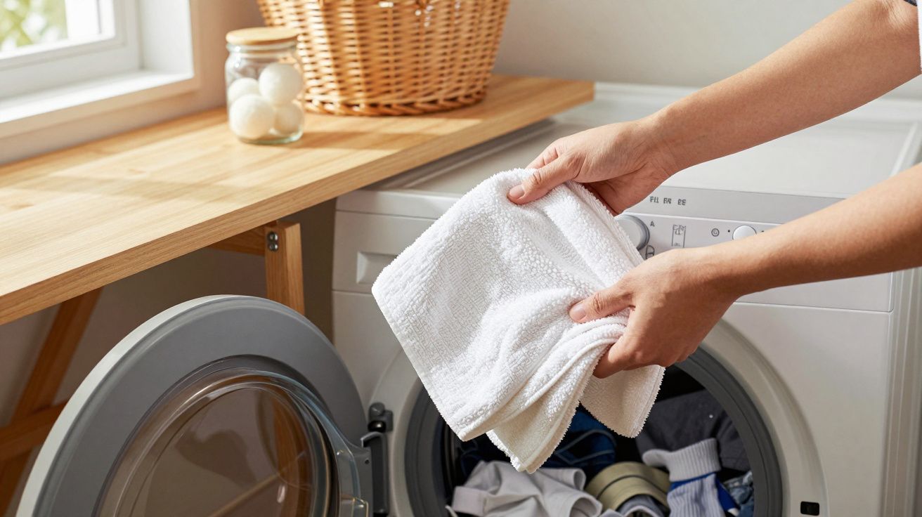 Person legt weiße Handtücher in eine Waschmaschine, daneben ein Tisch mit Wäschekorb und Glasgefäß mit Bällen.