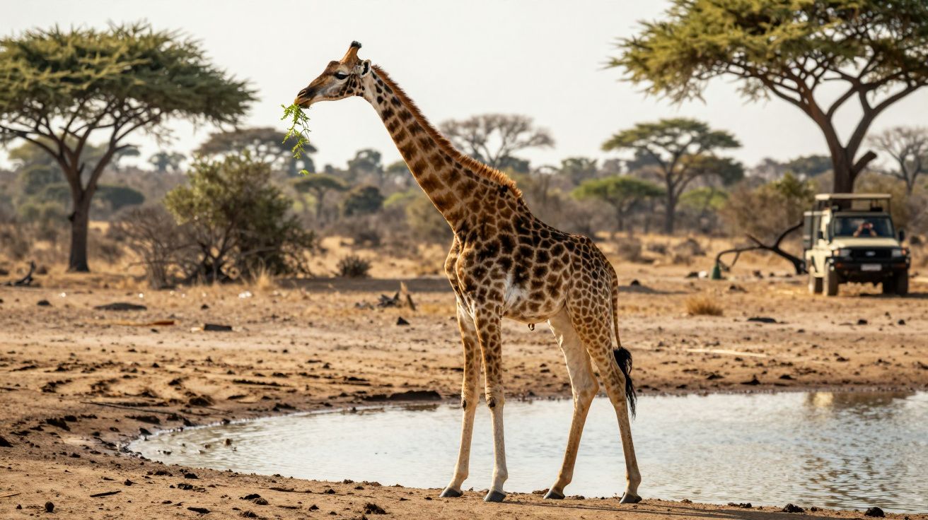 Giraffe am Wasserloch in der Savanne mit Safari-Jeep im Hintergrund.