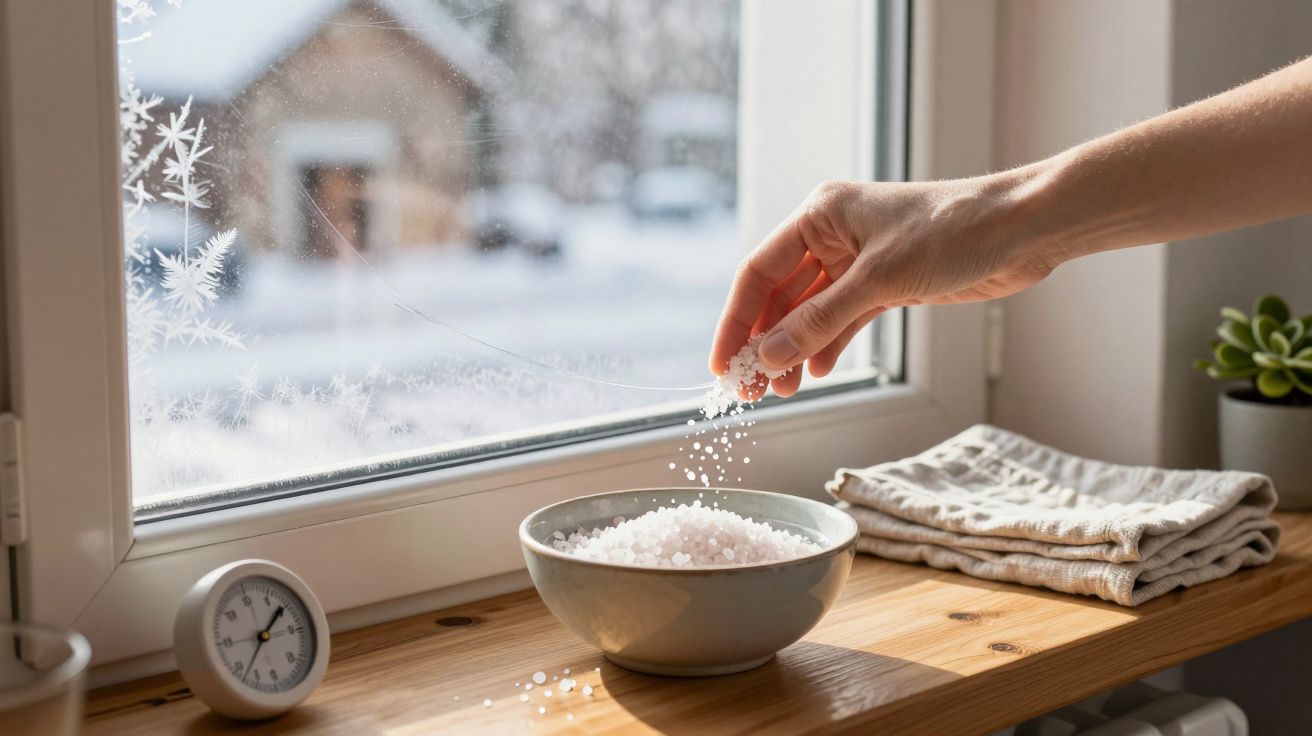 Eine Hand streut Salz in eine Schüssel auf der Fensterbank, im Hintergrund Schneelandschaft und eine Uhr.