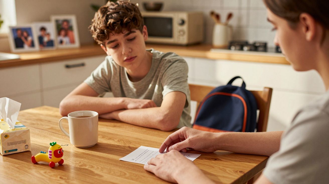 Zwei Personen sitzen am Küchentisch, einer liest ein Blatt Papier, daneben Tasse, Spielzeugraupe und Taschentücher.