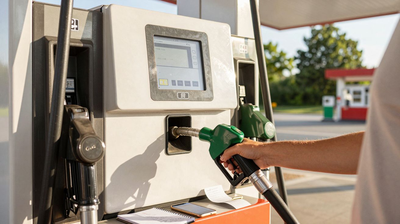 Person betankt Auto an moderner Zapfsäule bei sonnigem Wetter.