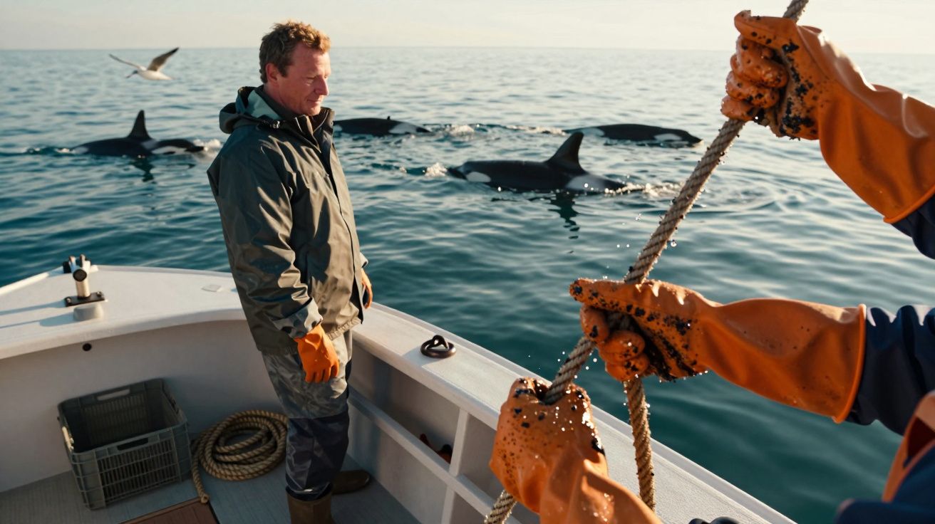 Mann auf Boot beobachtet Delfine im Meer, trägt orange Handschuhe.