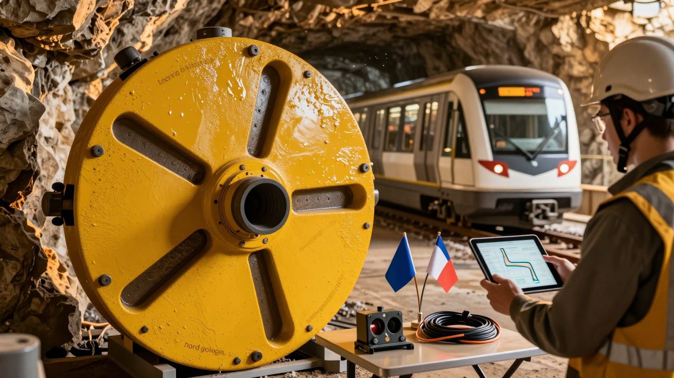 Ein Arbeiter mit Tablet überwacht U-Bahn-Baustelle im Tunnel. Große gelbe Kabelrolle und Fahnen im Vordergrund.