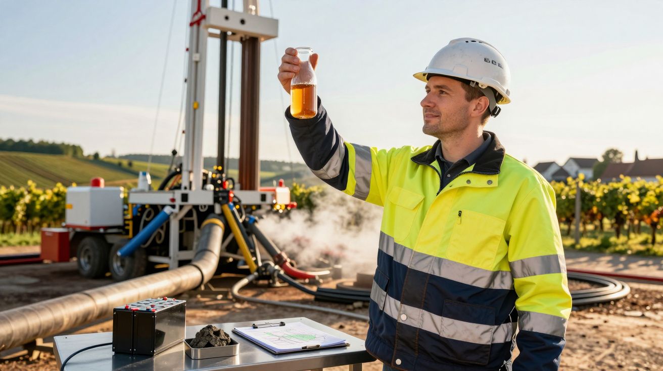 Ingenieur prüft Flüssigkeitsprobe auf Baustelle mit Bohrgerät im Hintergrund, trägt Helm und Warnweste.