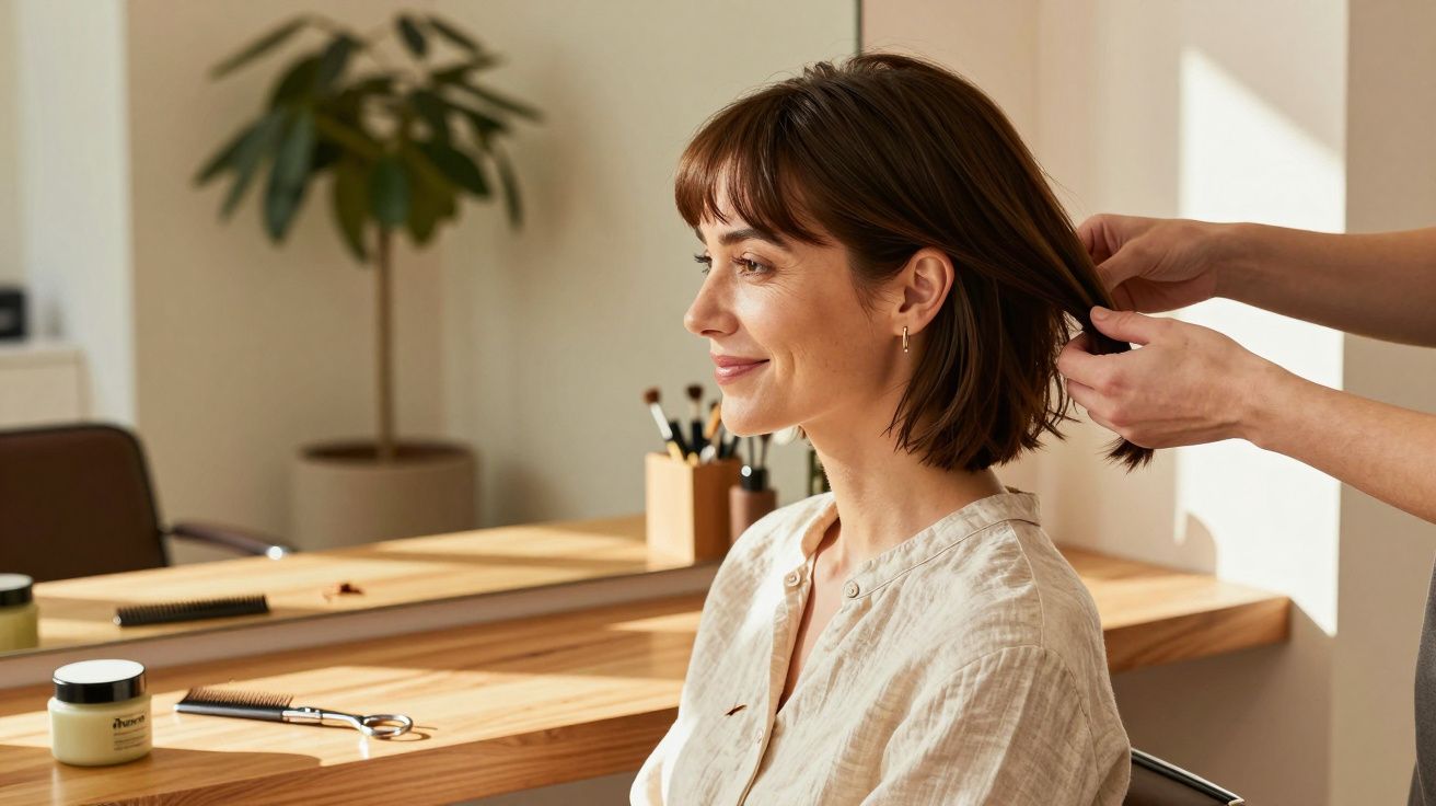 Frau sitzt im Friseursalon, lächelt, während ihre Haare gestylt werden.