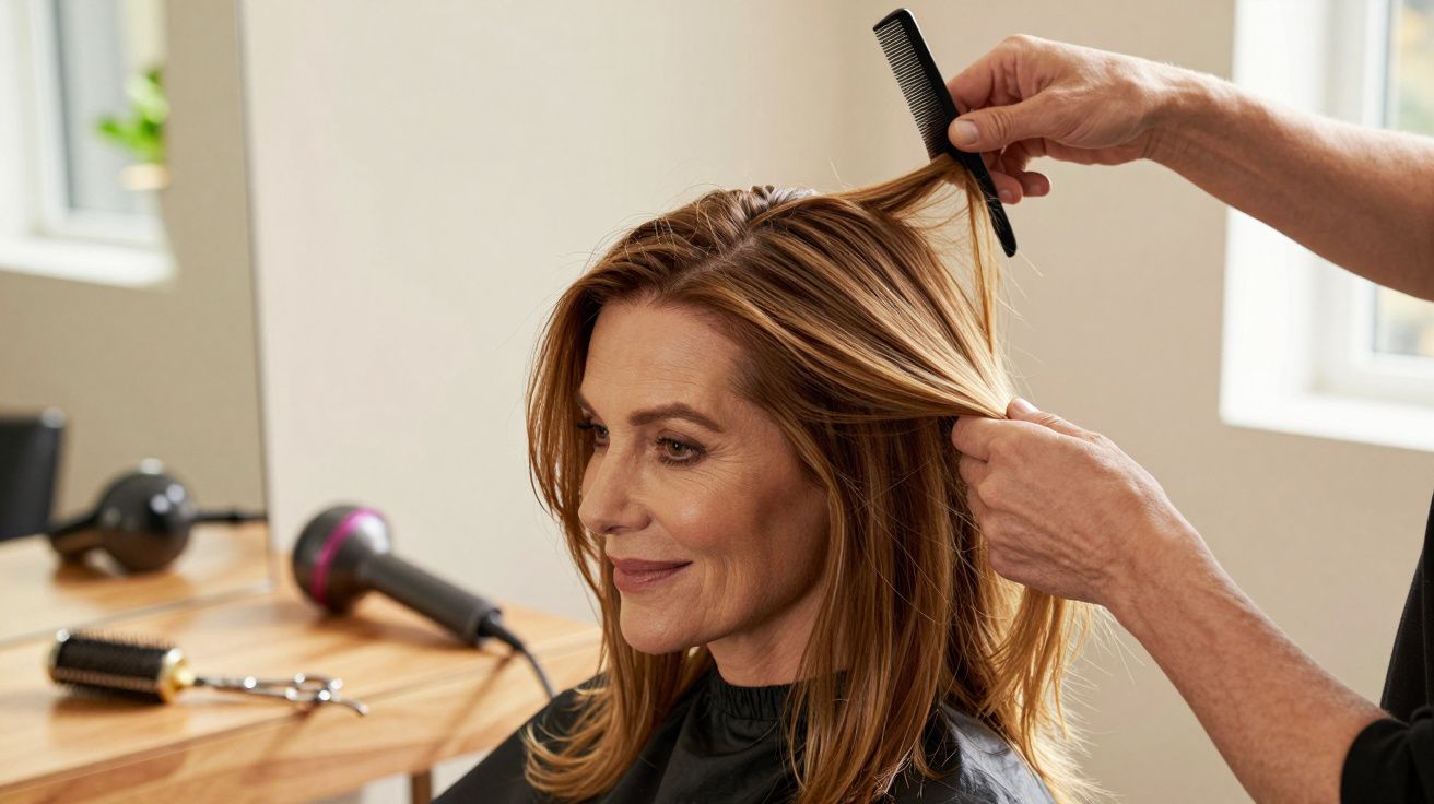 Frau im Friseursalon, erhält von Friseur mit Kamm Haare gestylt, Föhn und Bürste auf Holztisch im Hintergrund.