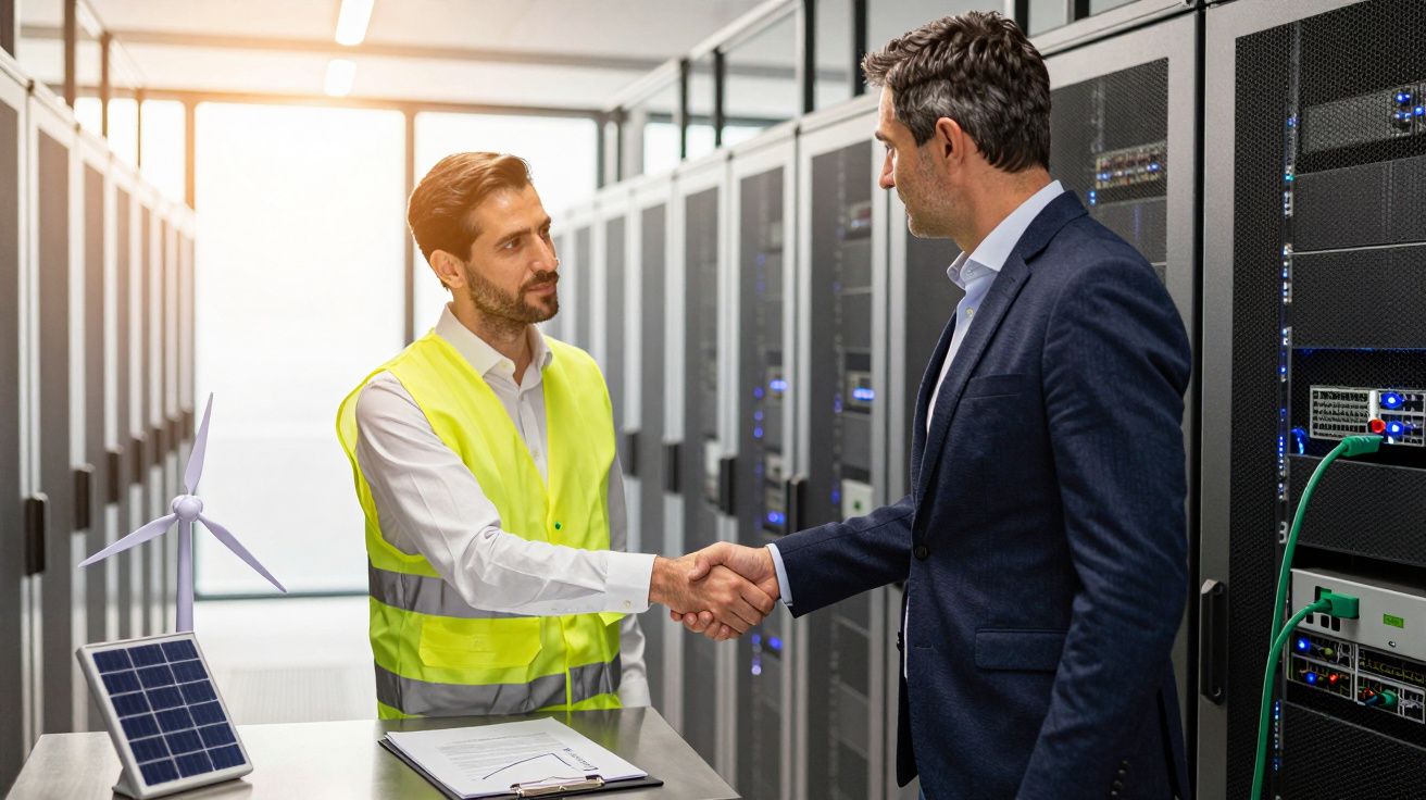 Zwei Männer schütteln Hände in einem Serverraum, neben einem Modell einer Windkraftanlage und Solarpanel.