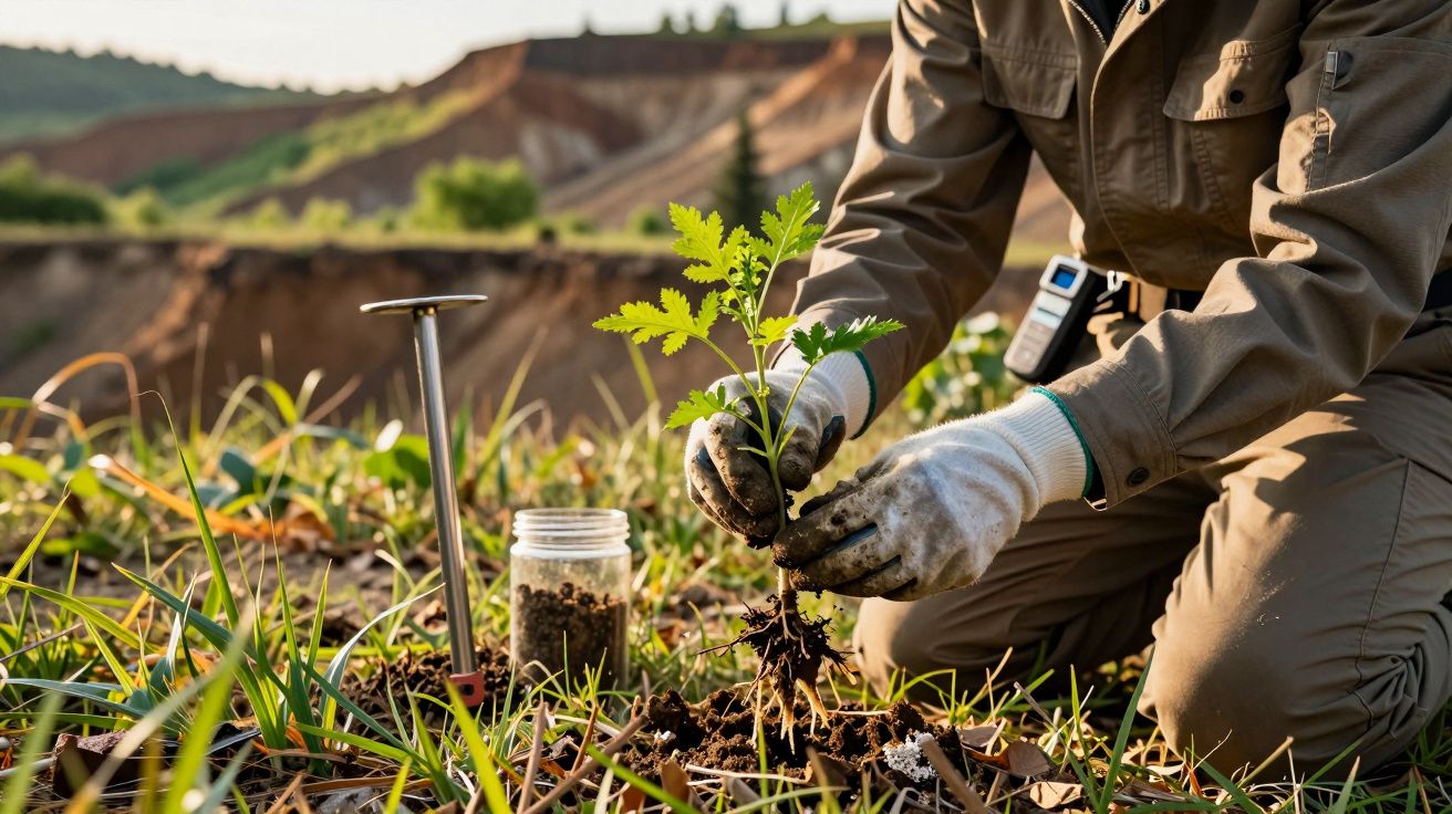 Eine Person pflanzt Setzling in Erde, mit Handschuhen, neben Glasbehälter auf Wiese mit Hügeln im Hintergrund.