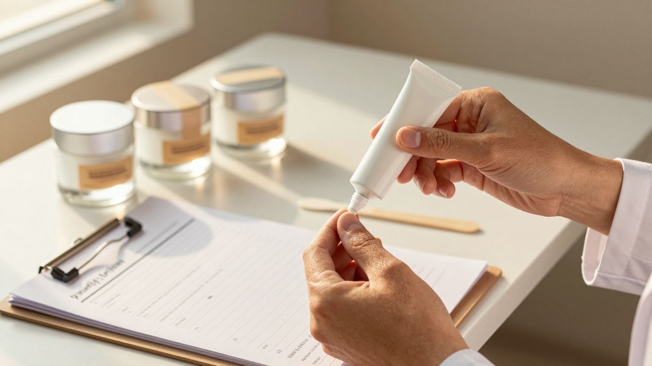 Person hält weiße Cremetube, daneben stehen drei Cremedosen und ein Schreibblock auf einem Tisch.