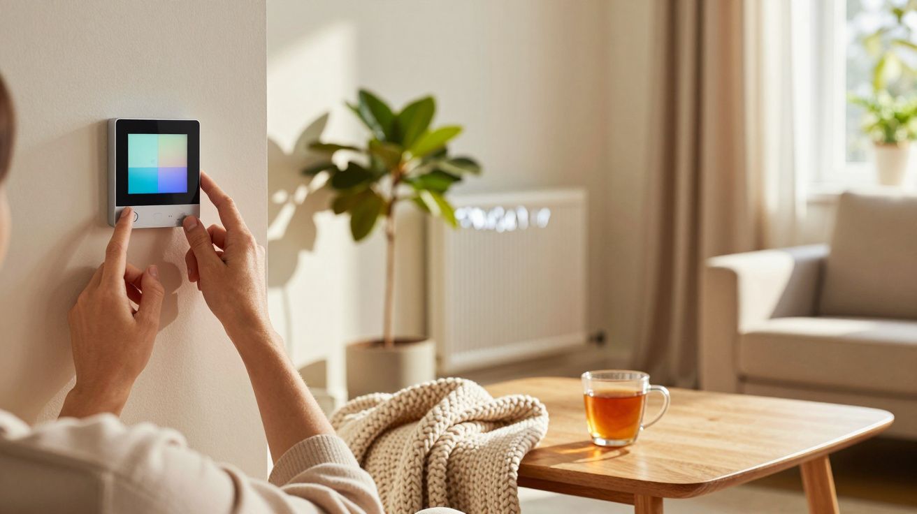 Person stellt Thermostat im gemütlichen Wohnzimmer ein, Tee auf Tisch, Pflanze und Fenster im Hintergrund.