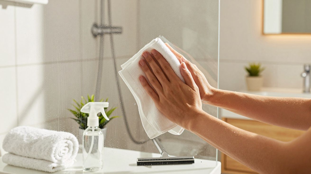 Hände reinigen eine gläserne Duschwand im Bad mit einem weißen Tuch und einem Spray, im Hintergrund Pflanzen.