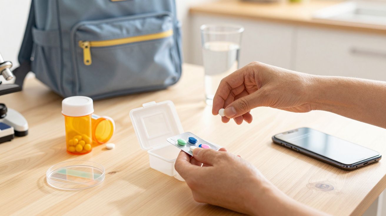 Person sortiert Tabletten in einer Box auf einem Tisch mit Smartphone und Wasserglas.