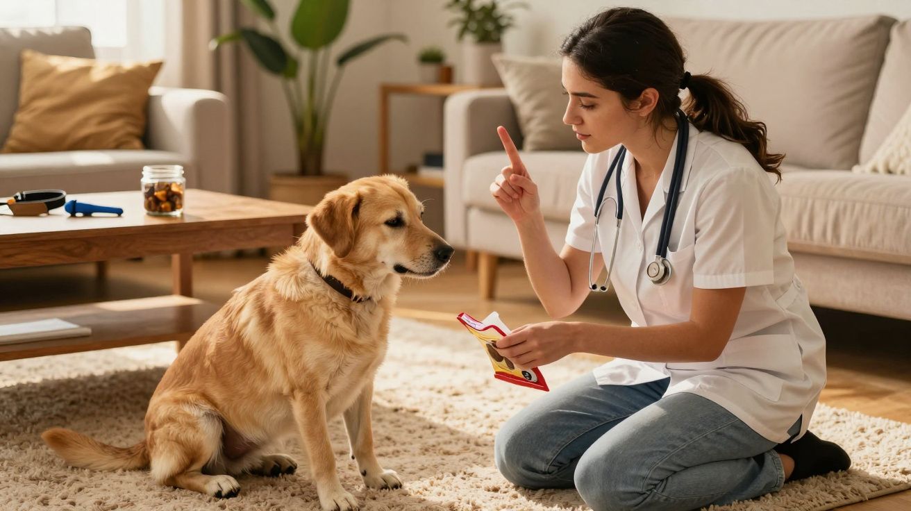 Tierärztin in weißem Kittel trainiert golden Retriever im Wohnzimmer auf Teppichboden.