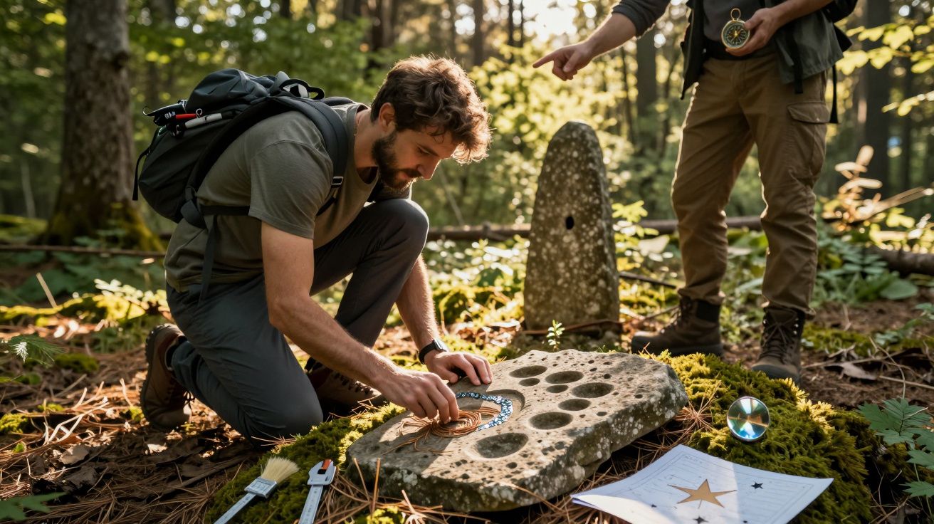 Mann im Wald untersucht einen mysteriösen Stein mit Symbolen. Eine weitere Person zeigt auf den Stein.