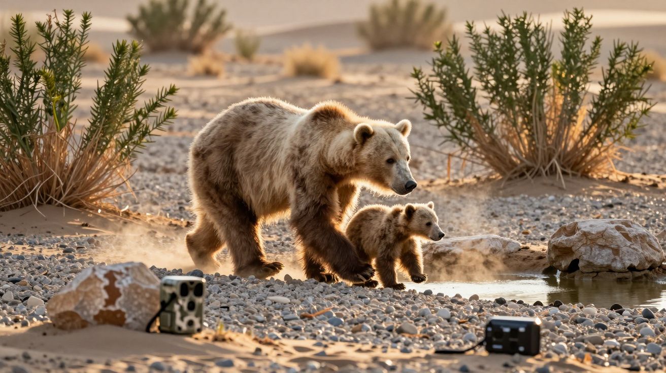 Bärenmutter mit Jungem am Wasser in einer Kieswüste, überwacht von Kameras, im Hintergrund Büsche.