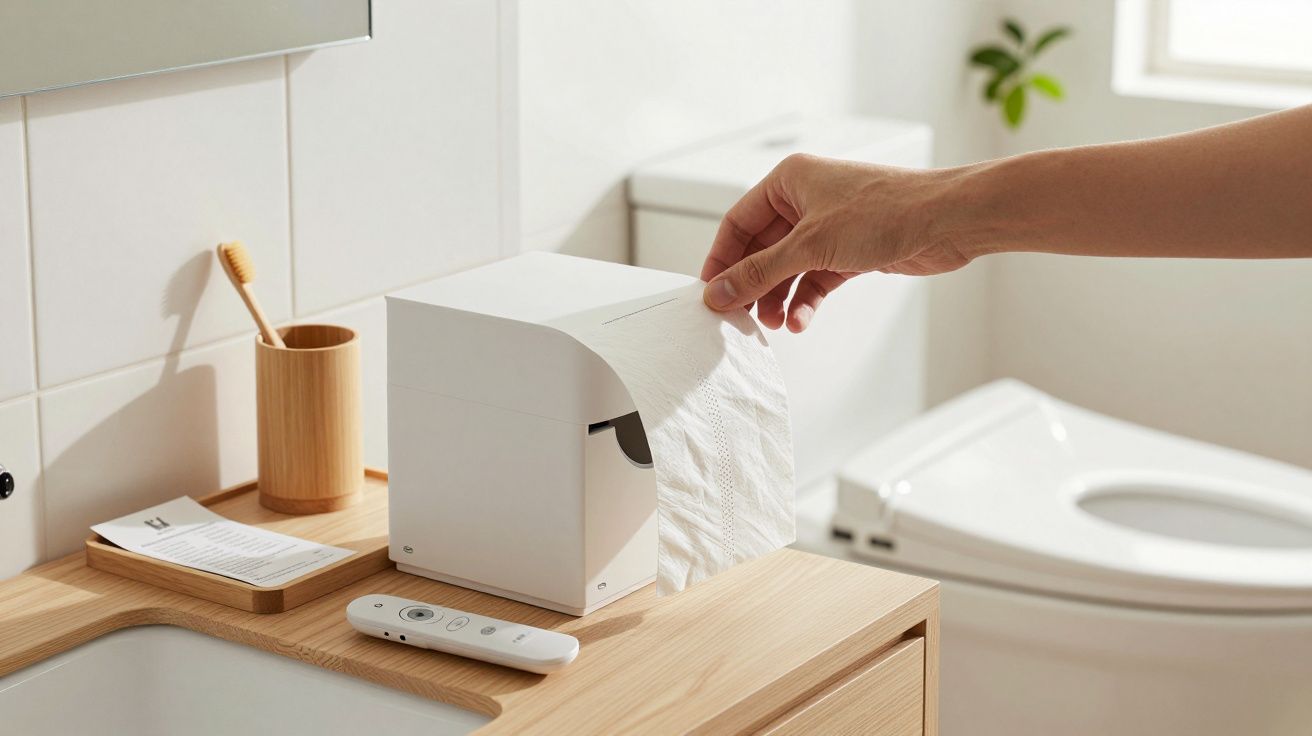 Hand zieht Toilettenpapier aus einem weißen Spender neben Waschbecken in einem modernen Badezimmer.