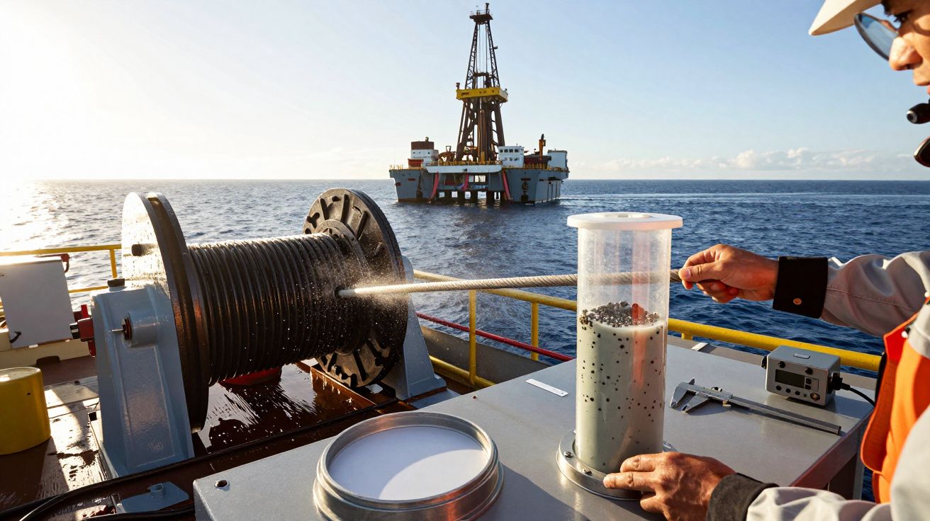 Person überprüft Ölbohrausrüstung auf einem Schiff im Meer, mit Bohrinsel im Hintergrund.