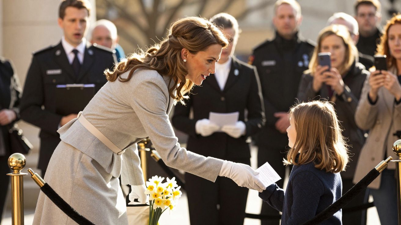 Frau im grauen Mantel schüttelt Mädchen die Hand, während umstehende Personen zuschauen und Fotos machen.