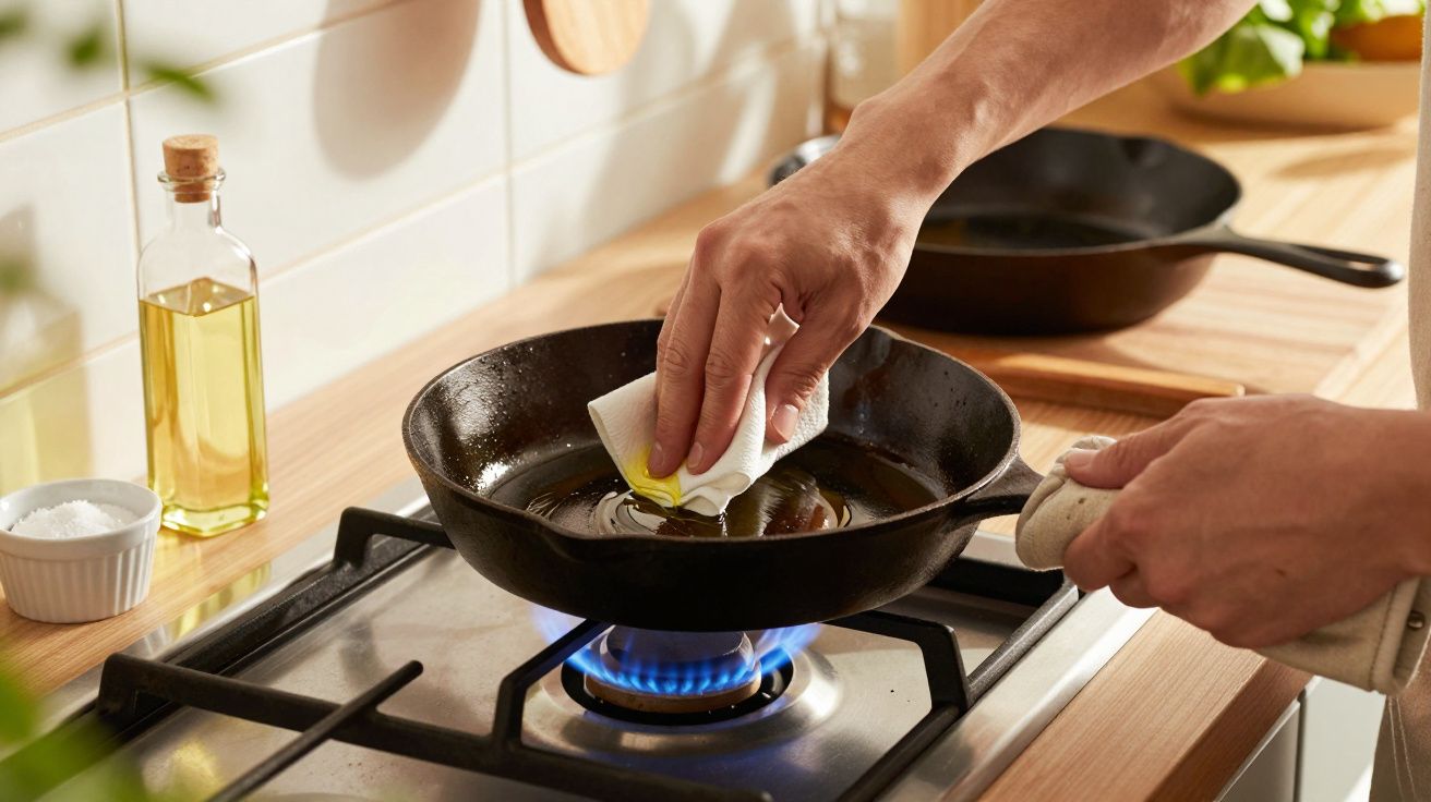 Eine Hand fettet eine Pfanne mit Öl ein, die auf einem Gasherd steht. Daneben steht eine Ölflasche und ein Schälchen Salz.