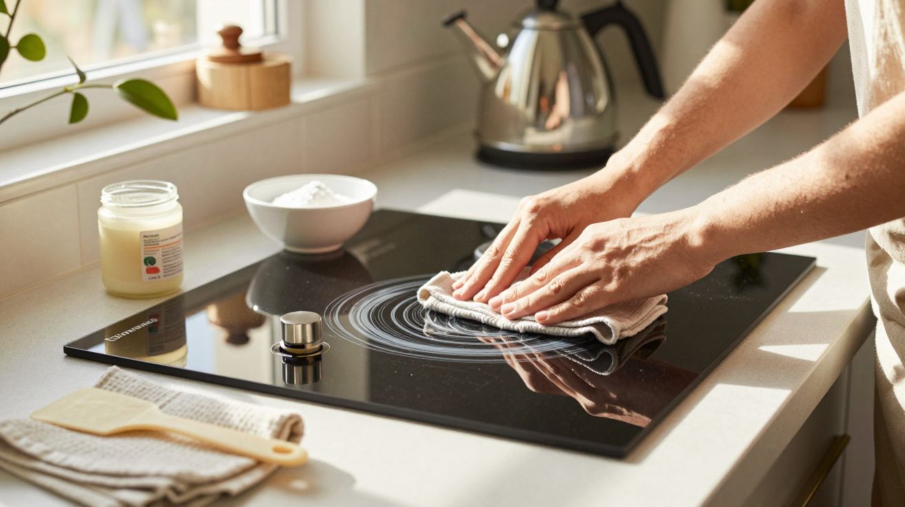 Person reinigt Induktionskochfeld mit Tuch in sonniger Küche, rechts ein Wasserkocher und Pflanzen im Hintergrund.