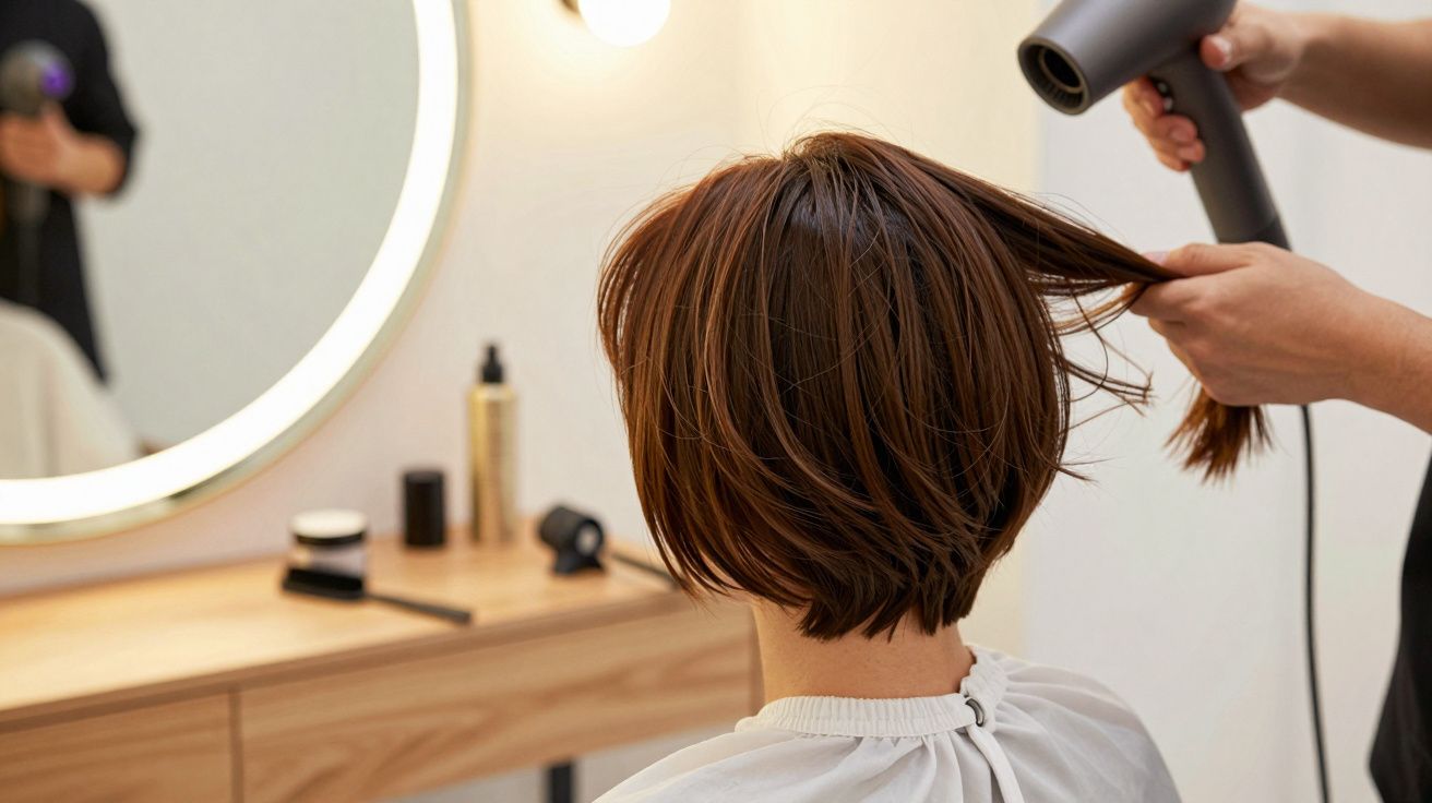 Person mit braunen Haaren beim Föhnen im Friseursalon, vor einem Spiegel mit Kosmetikprodukten.
