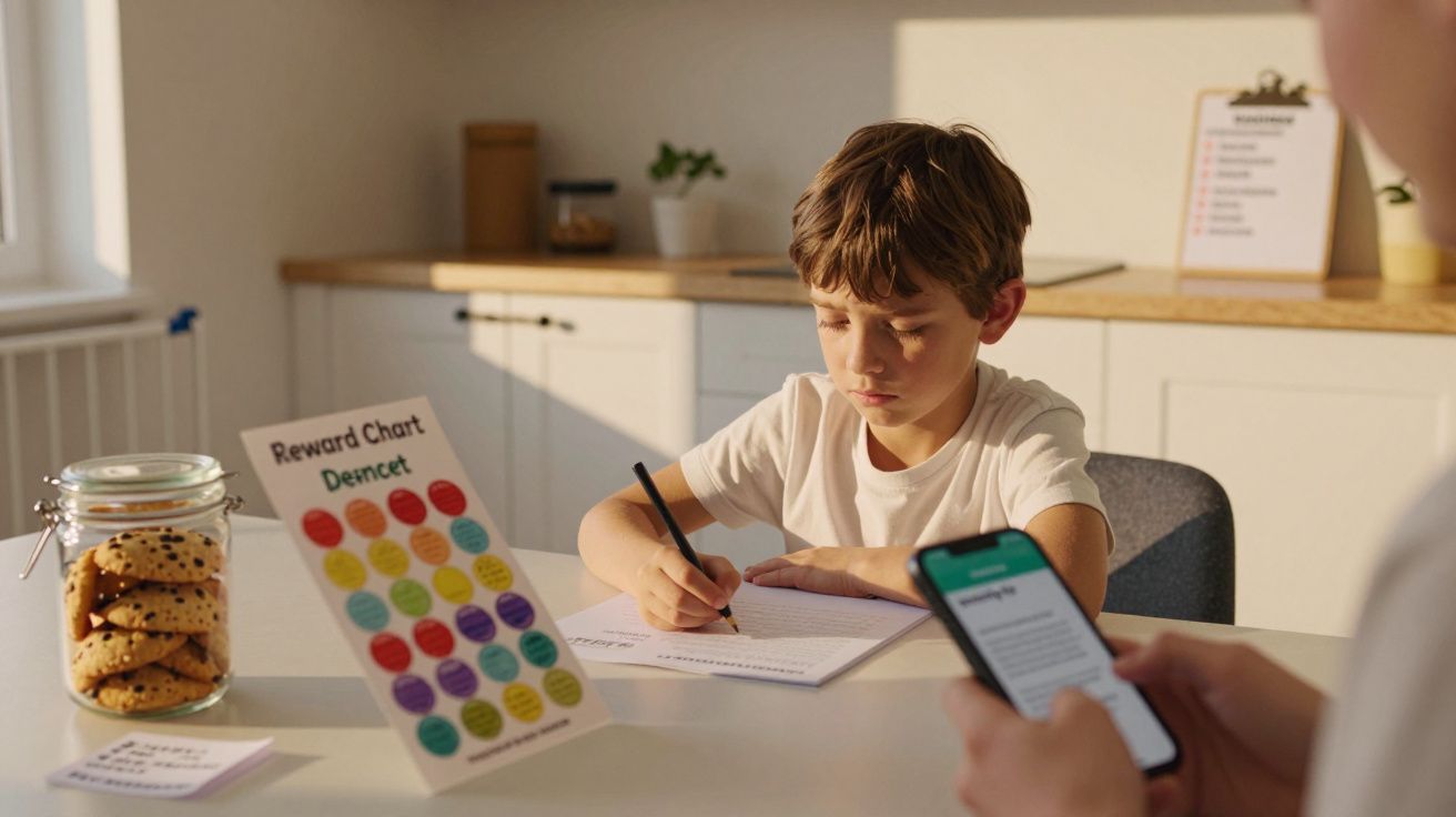 Junge sitzt am Tisch und schreibt, daneben ein Belohnungssystem und ein Glas mit Keksen, Erwachsener mit Handy im Vordergrund