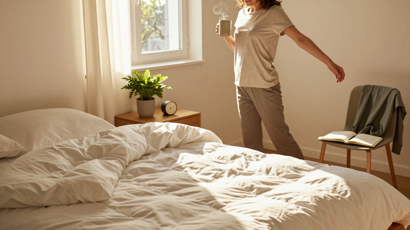 Frau in Pyjama steht mit Tasse am Morgen neben ungemachtem Bett, Licht fällt durch Fenster, Buch und Jacke auf Stuhl.