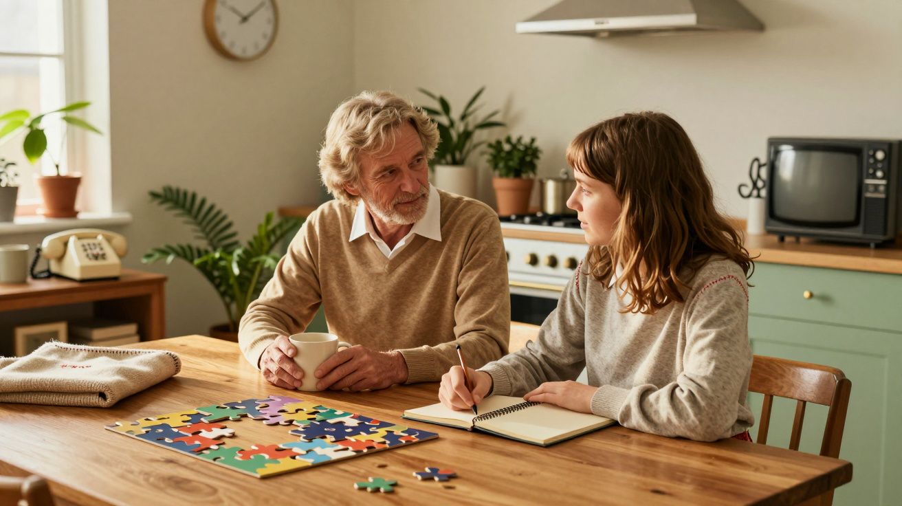 Älterer Mann und junge Frau sitzen am Tisch, reden und lösen ein Puzzle in einer gemütlichen Küche.