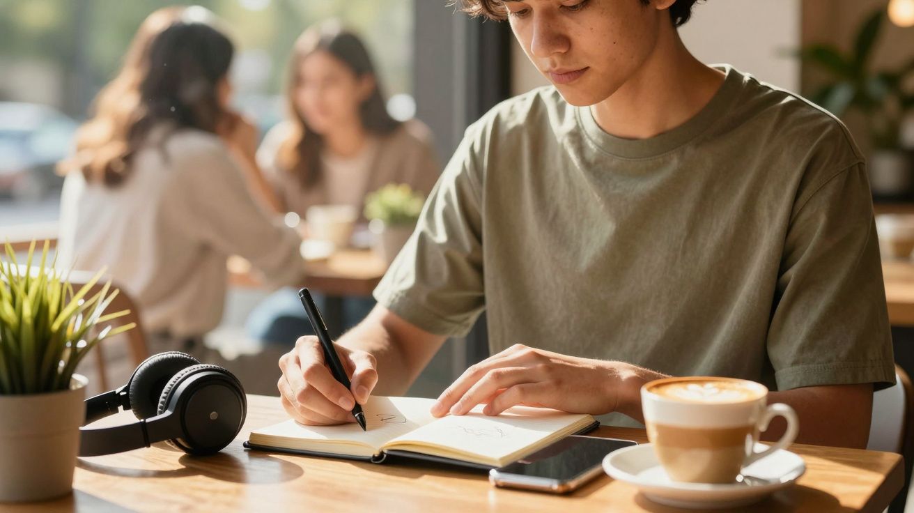 Junger Mann schreibt in ein Notizbuch in einem Café, mit einer Tasse Kaffee und Kopfhörern auf dem Tisch.