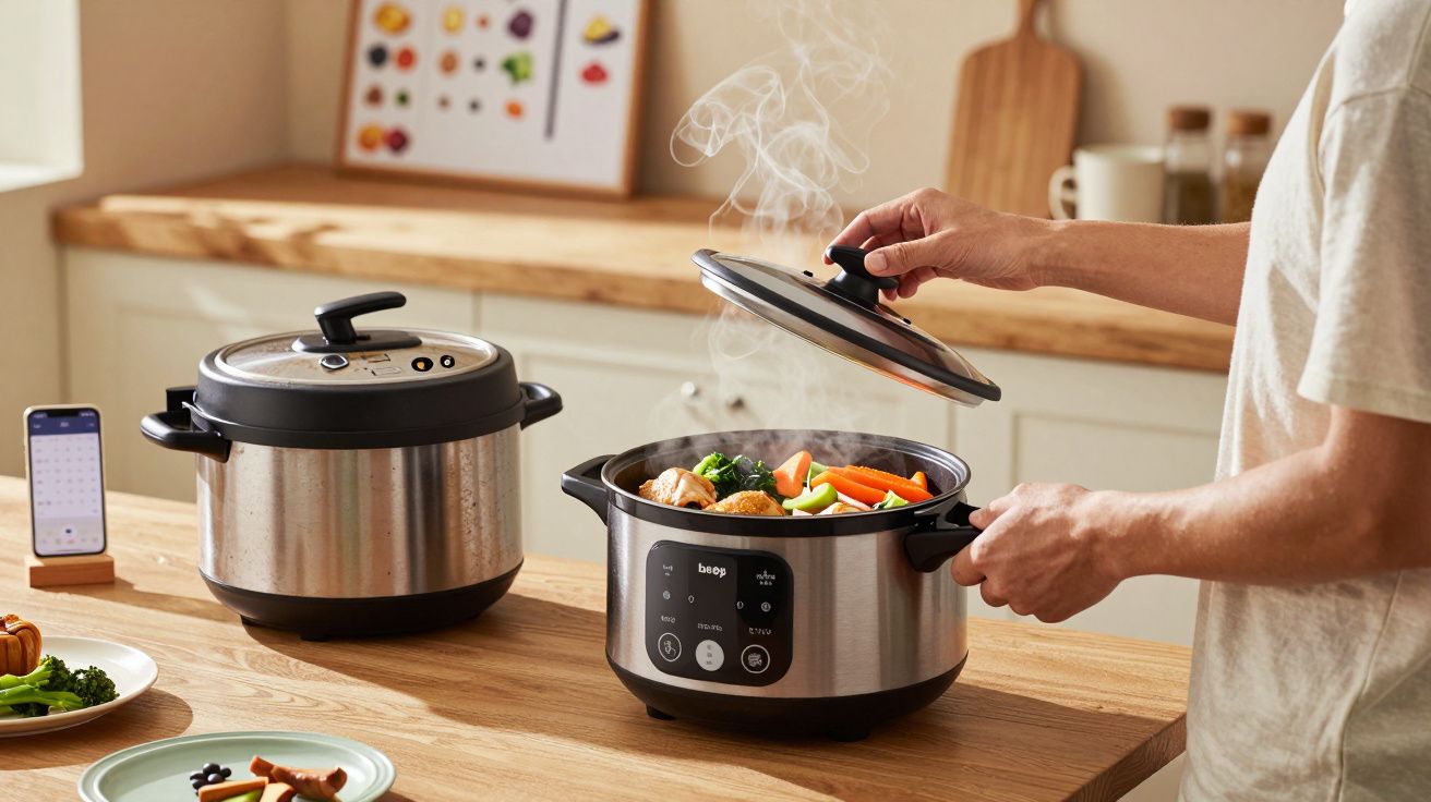 Person öffnet Multikocher mit dampfendem Gemüse, ein zweiter Kocher und Smartphone im Hintergrund auf Holztisch.