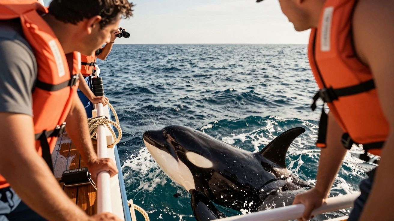 Männer in orange Schwimmwesten beobachten einen Orca, der neben ihrem Boot im Meer auftaucht.