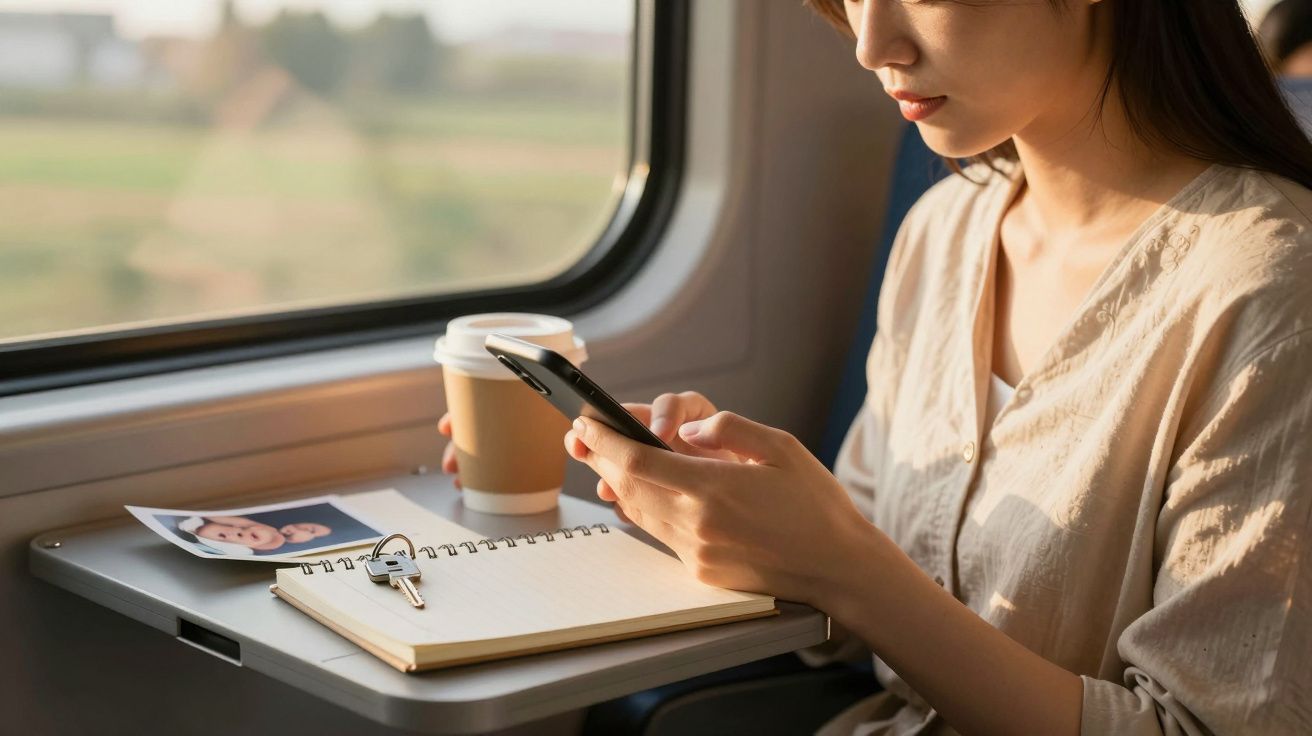 Frau im Zug mit Smartphone, Notizbuch, Kaffee und Foto am Tisch, während Landschaft vorbeizieht.