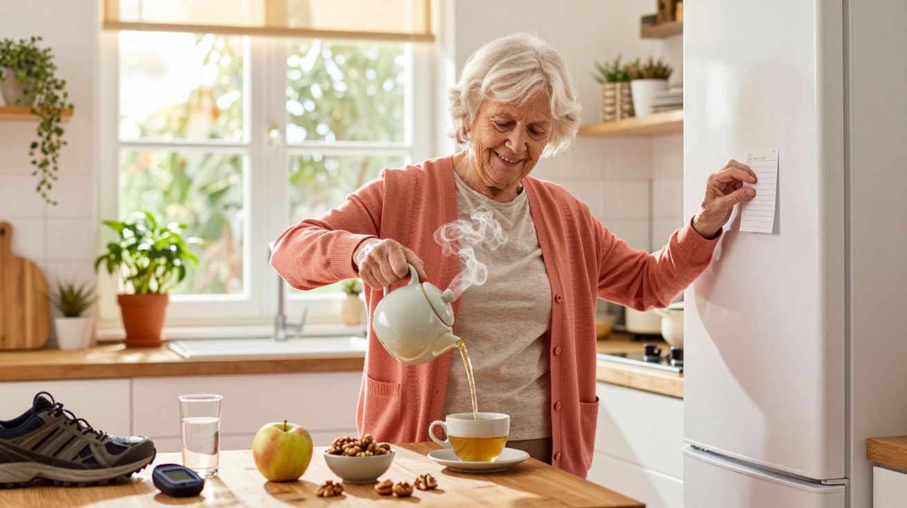 Ältere Frau in der Küche gießt Tee ein, Obst und Nüsse auf dem Tisch, Sonnenlicht durch das Fenster.