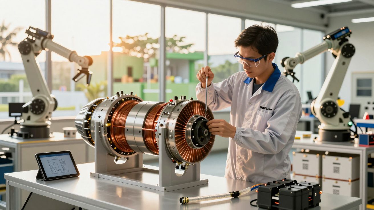 Techniker arbeitet in Labor an einer Maschine mit Kupferkomponenten, umgeben von Robotern und einem Tablet.