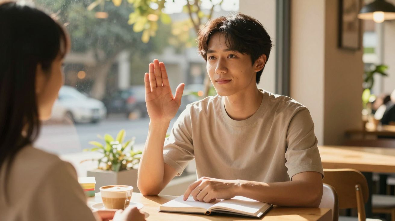 Junger Mann in einem Café hebt die Hand, während er einer Person gegenübersitzt. Im Hintergrund Pflanzen und Fenster.